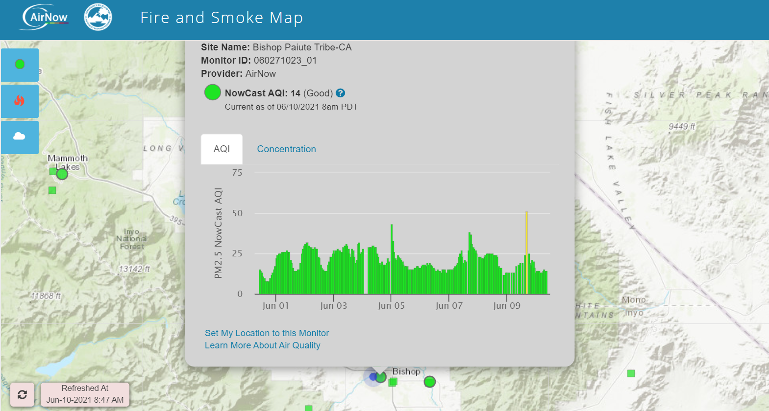 screenshot of BPT station on AirNow fire & smoke map